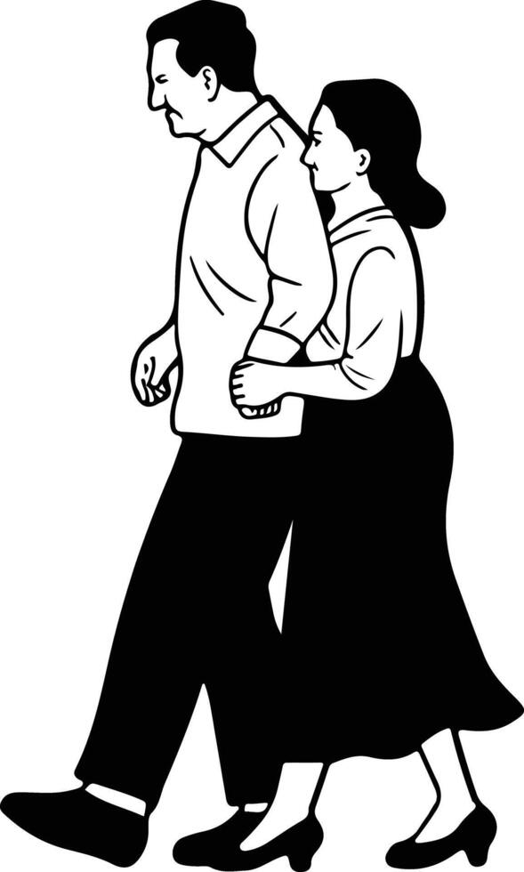 An old couple walking together in black and white vector