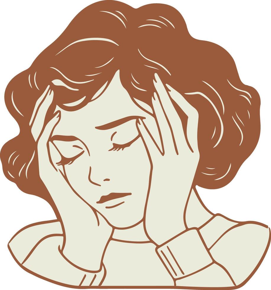 A woman with her hands on her head and a headache vector