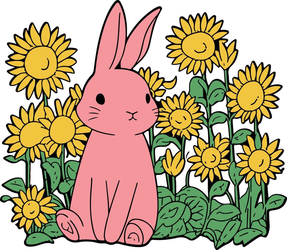 A pink rabbit in the sunflower field vector