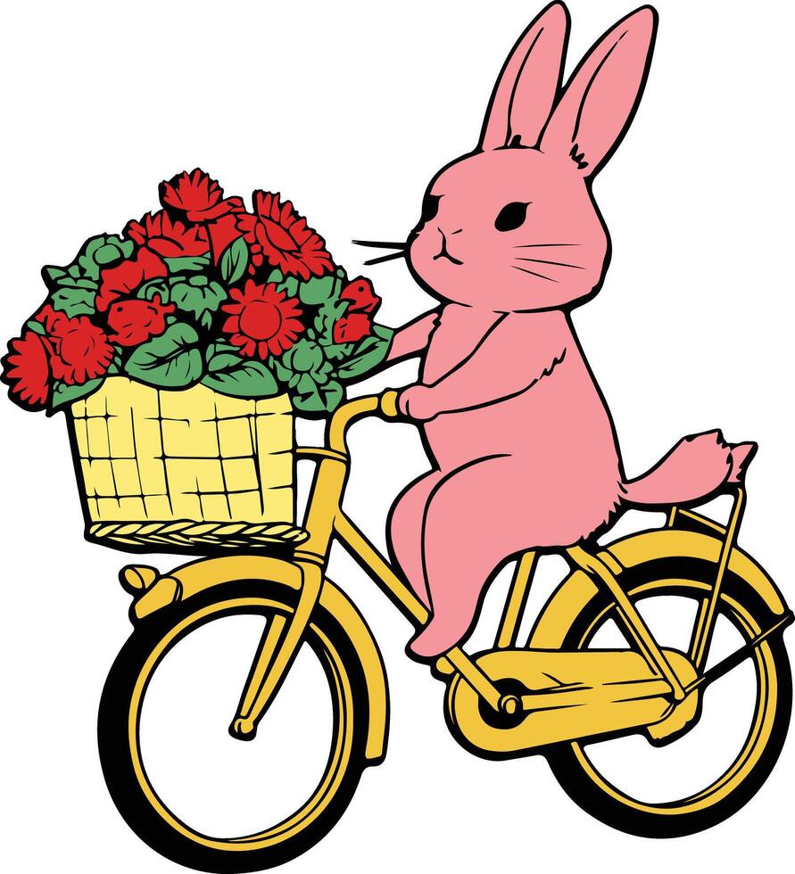 A cartoon bunny riding a bicycle with a basket full of flowers vector