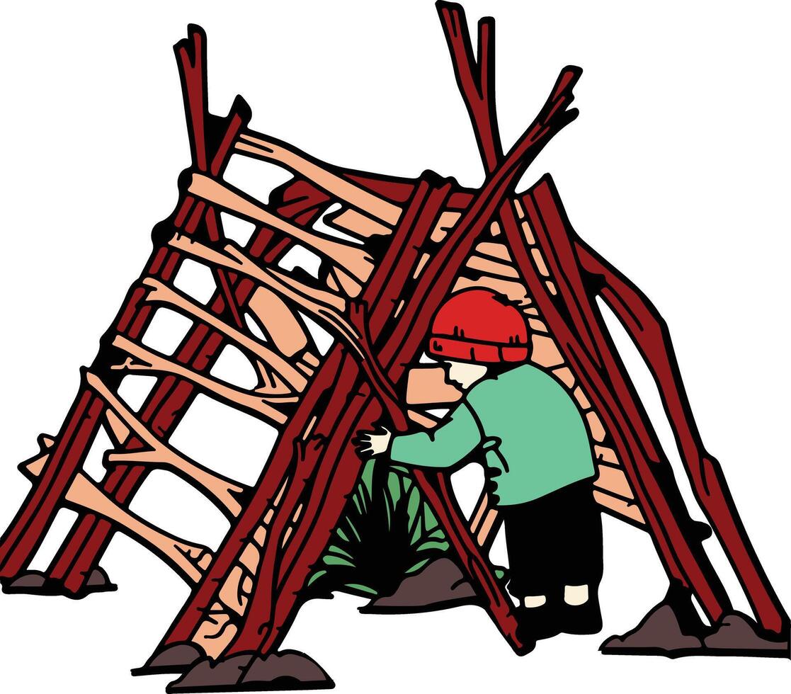 A boy is building a shelter with sticks vector