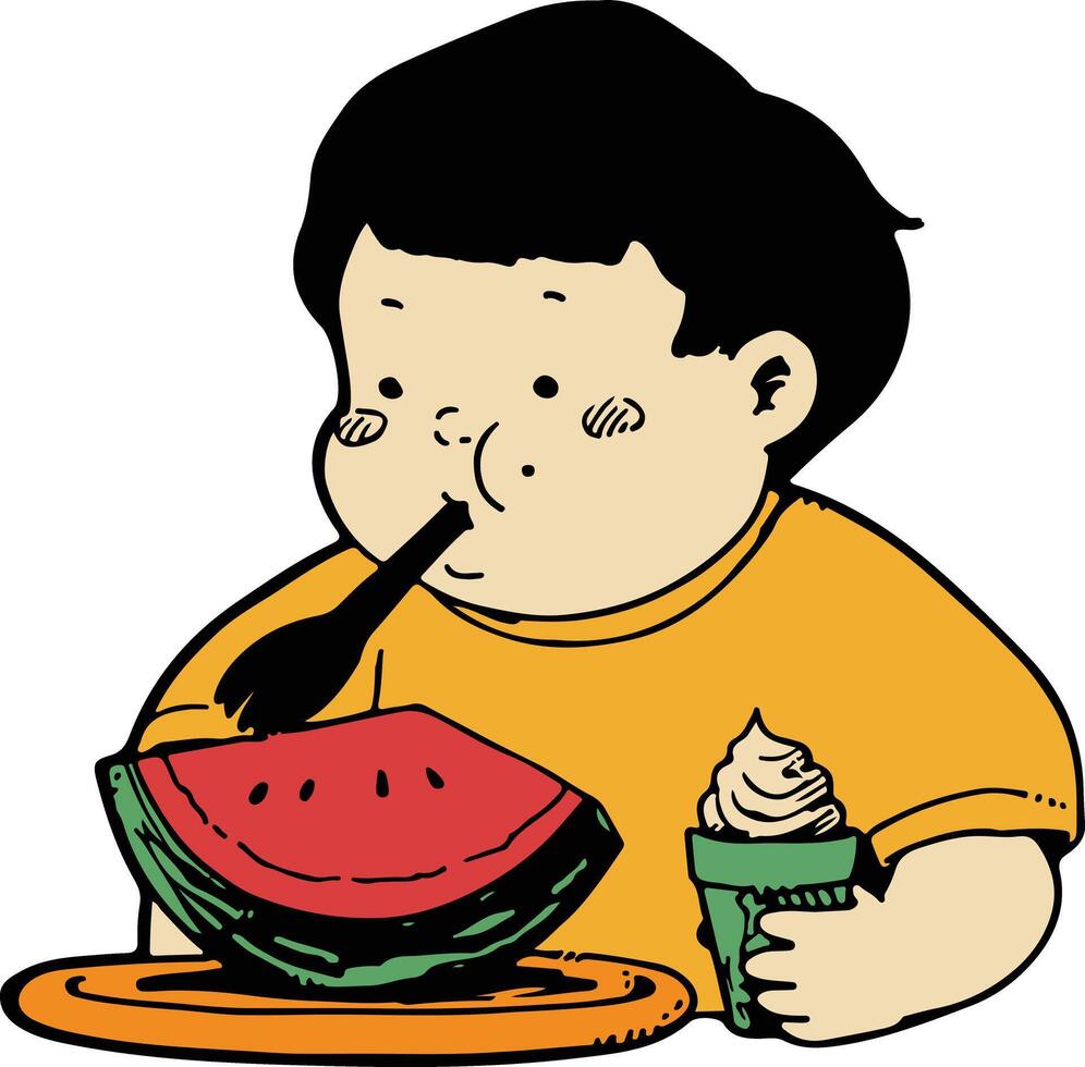 A boy eating a watermelon and ice cream vector