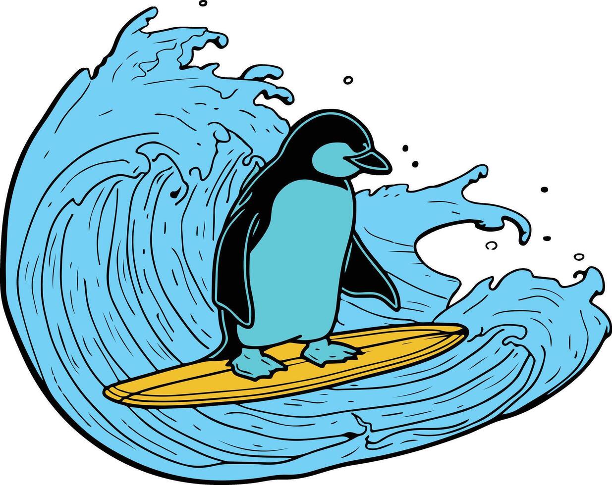 A penguin riding a wave on a surfboard vector