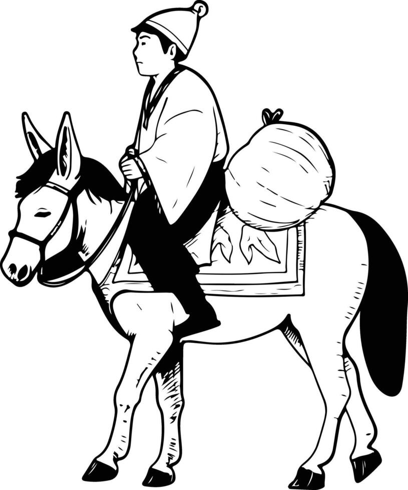 A man riding a donkey with a bag on his back vector