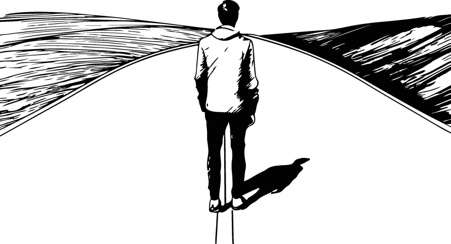 A black and white drawing of a man standing on a road vector