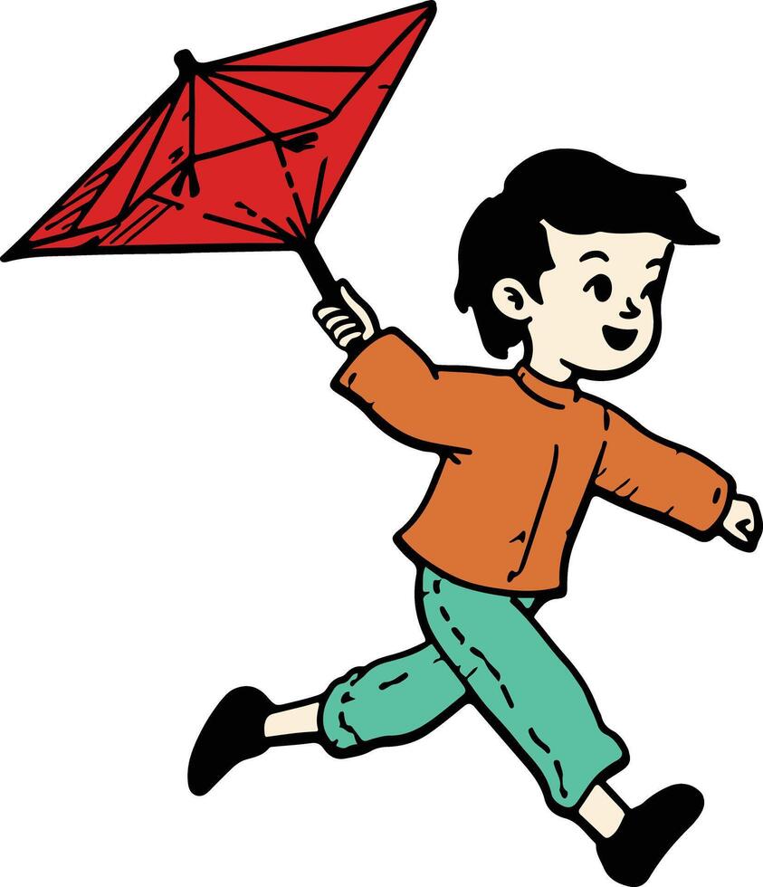 A cartoon boy running with an umbrella vector