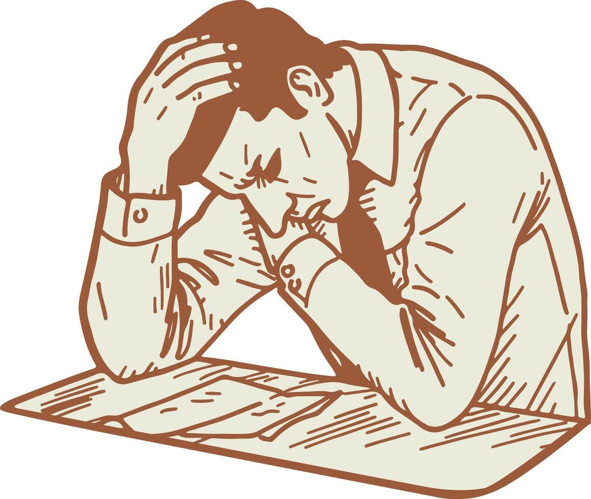 A man is sitting at a desk with his head on his hand vector