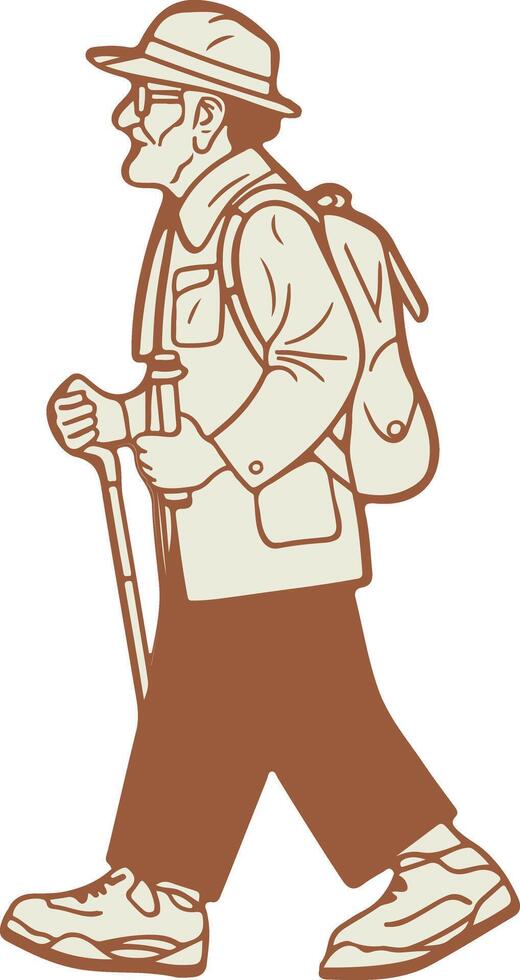 An old man walking with a backpack and cane vector