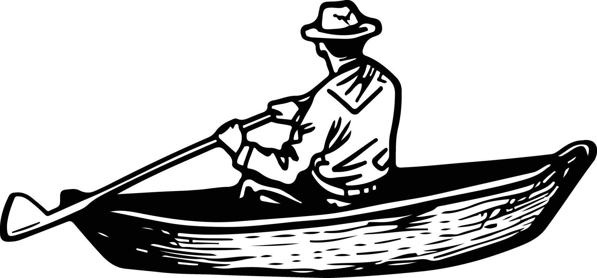 A black and white drawing of a man in a boat vector