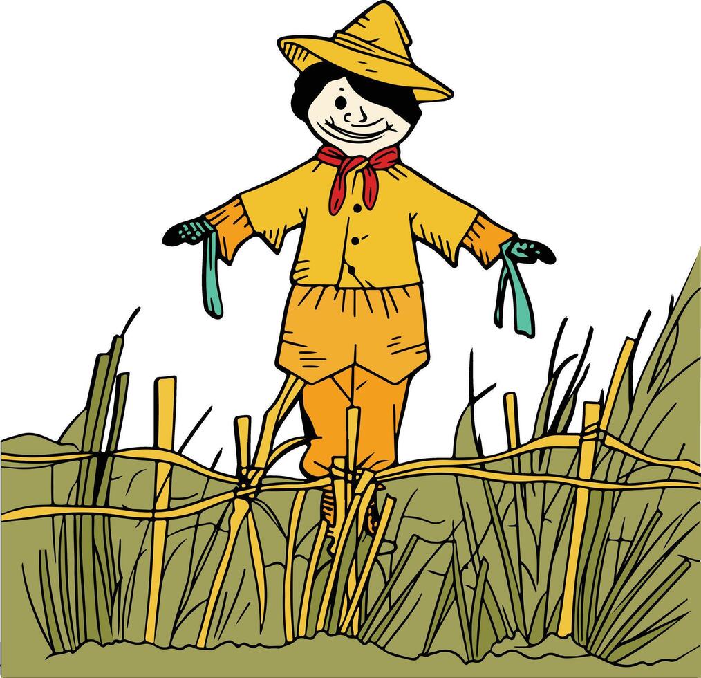 A cartoon scarecrow standing on a fence vector
