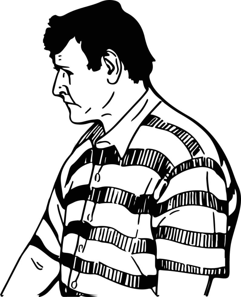 A man in striped shirt and tie looking down vector