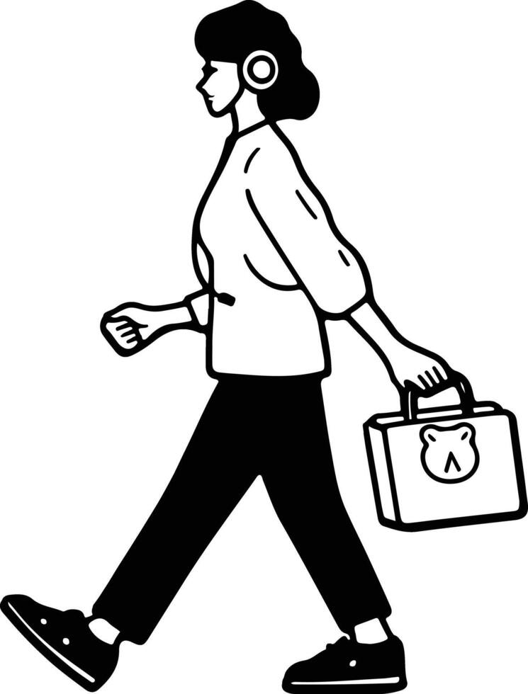 A woman walking with a briefcase and headphones vector