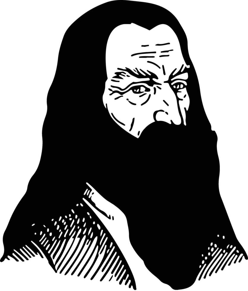 A black and white drawing of a man with long hair vector