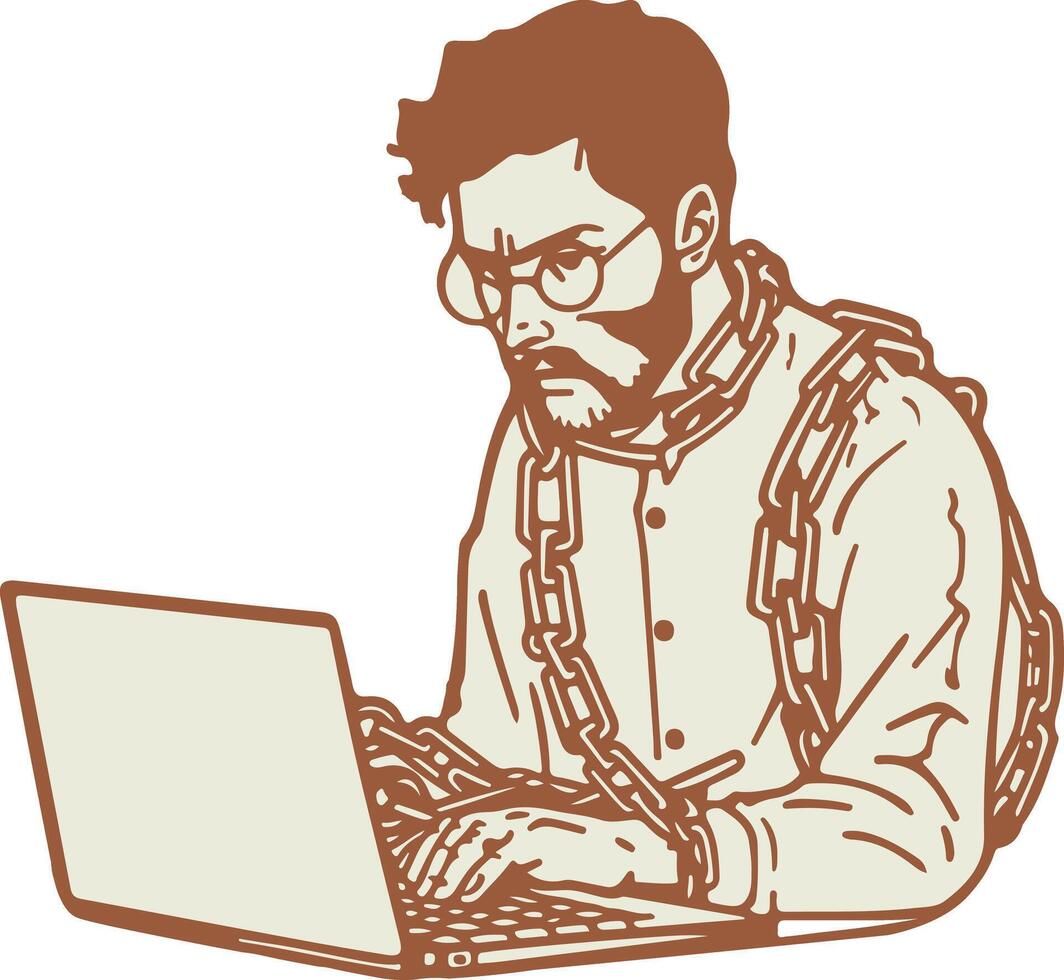 A man with a chain around his neck is working on a laptop vector
