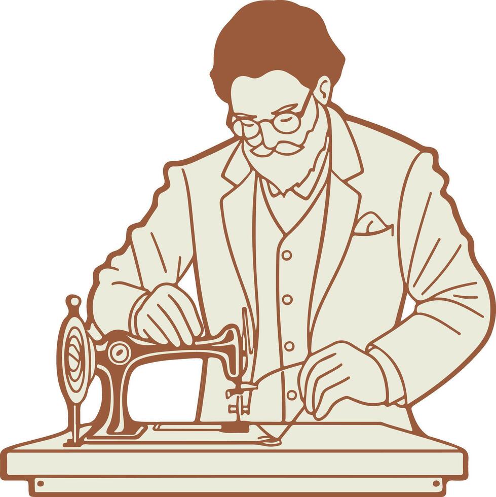 A man in a suit is sewing on a sewing machine vector