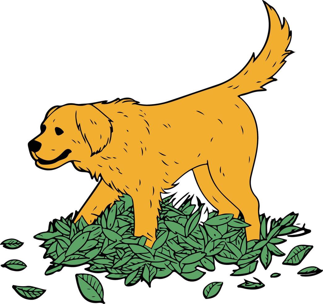 A cartoon dog is standing in a pile of leaves vector
