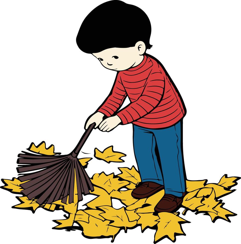 A boy sweeping leaves with a broom vector