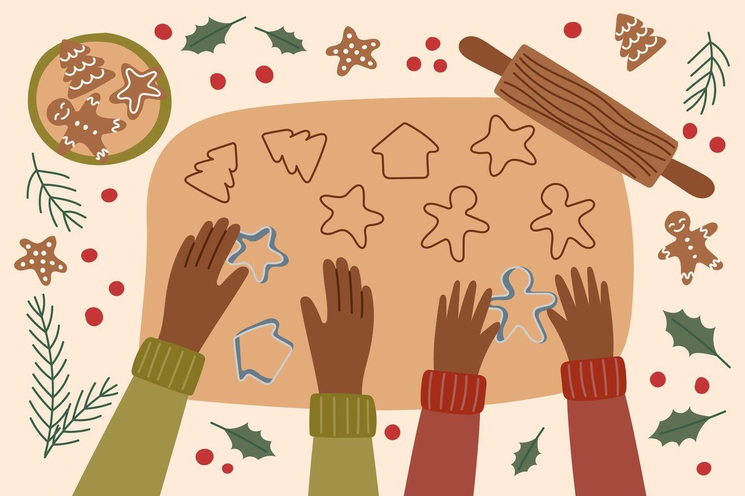Christmas background. Family making Christmas cookies. Family concept. Sustainable Christmas. vector