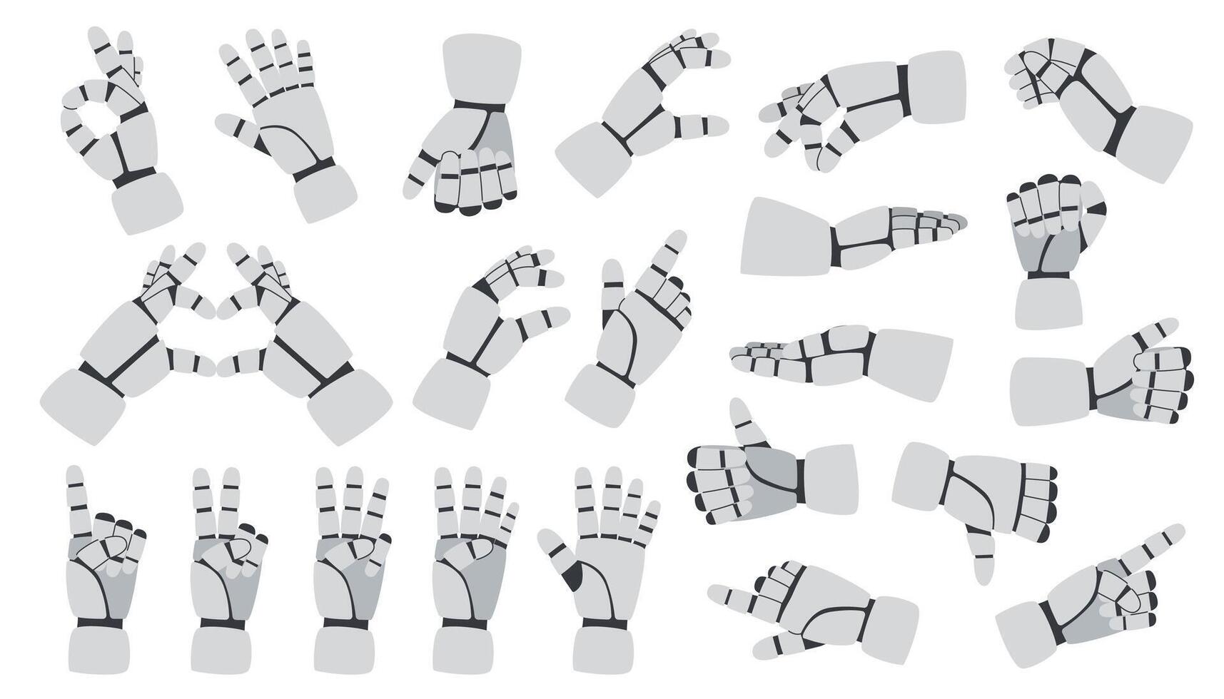 Technology concept. AI concept. Set of robots hands with different gestures isolated on white background. vector
