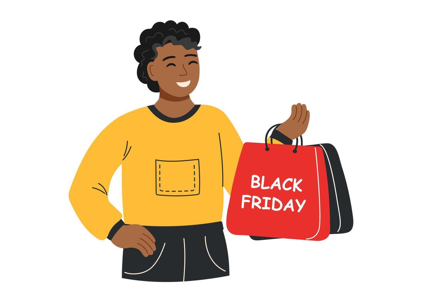 Black friday sale and shopping concept. Man with shopping bags isolated on white. Black Friday character. vector