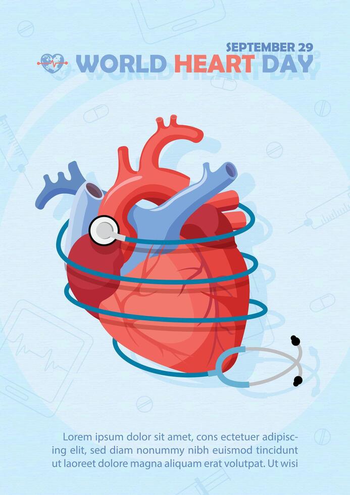 mage of human heart with stethoscope around and wording of World Heart Day, example texts on light blue paper pattern background. vector