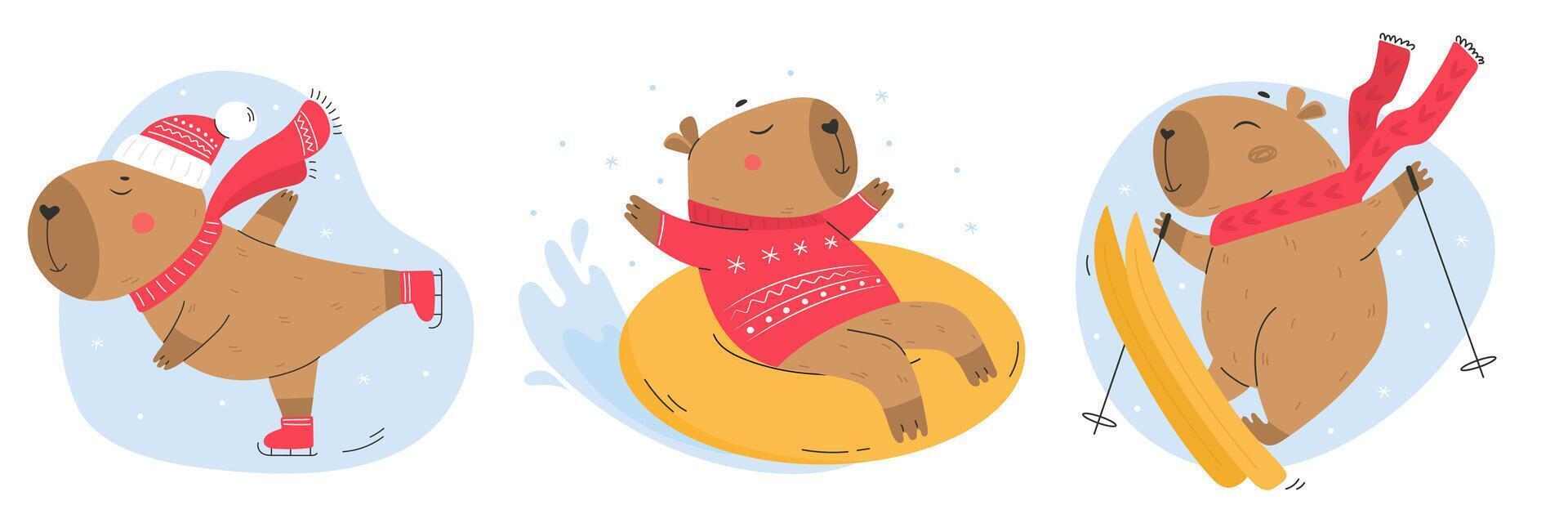 Set with cute capybaras in winter activity vector