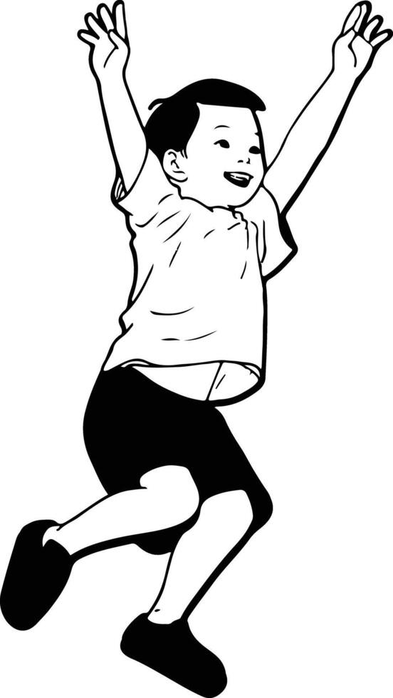 A boy jumping with his hands up in the air vector