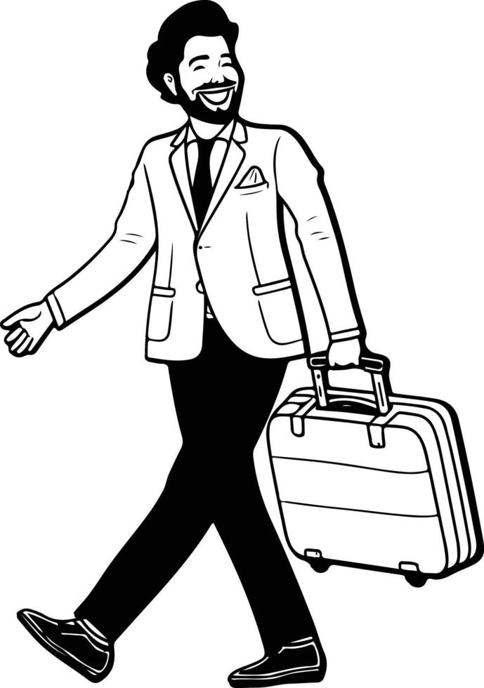 A man with a suitcase walking and holding his hand out vector