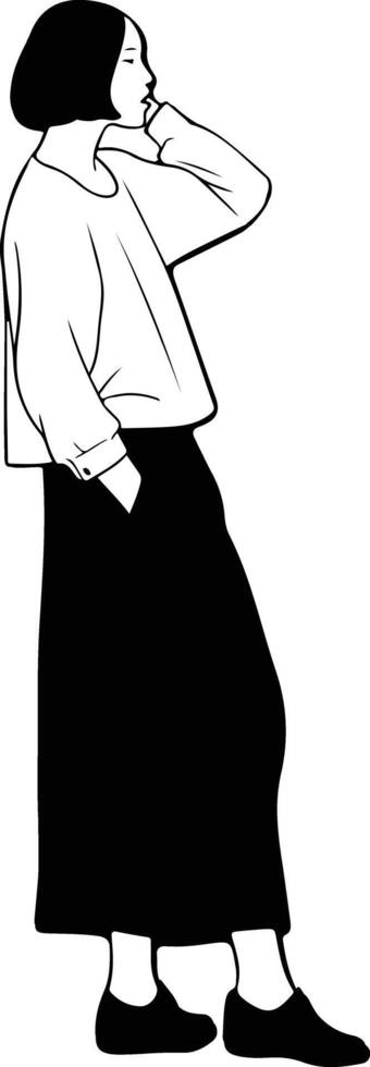 A woman in a skirt and shirt standing with her hand on her chin vector