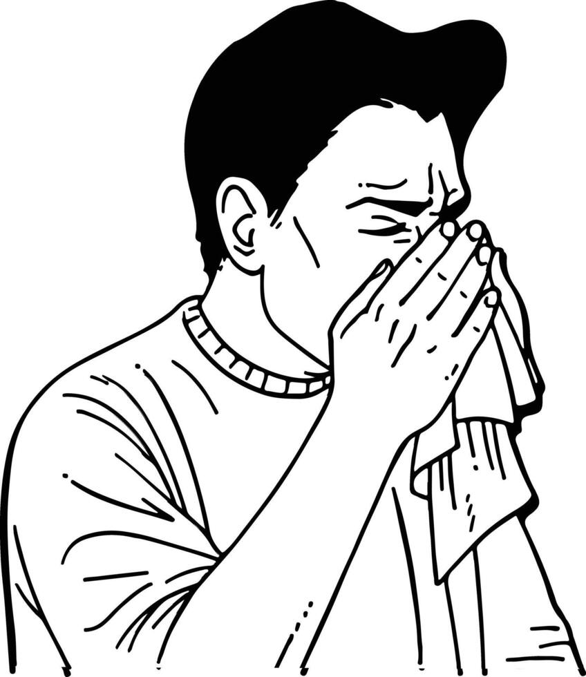A man blowing his nose in a coloring page vector