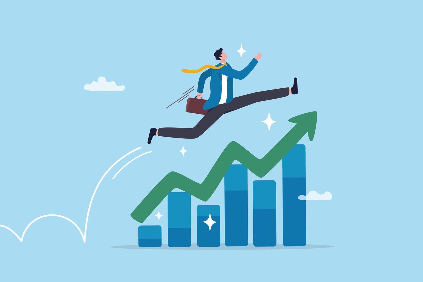 Leap forward, business change or transform to success winning, jump high challenge or progress to achievement, courage to move forward concept, businessman leap forward jump over growth rising graph. vector
