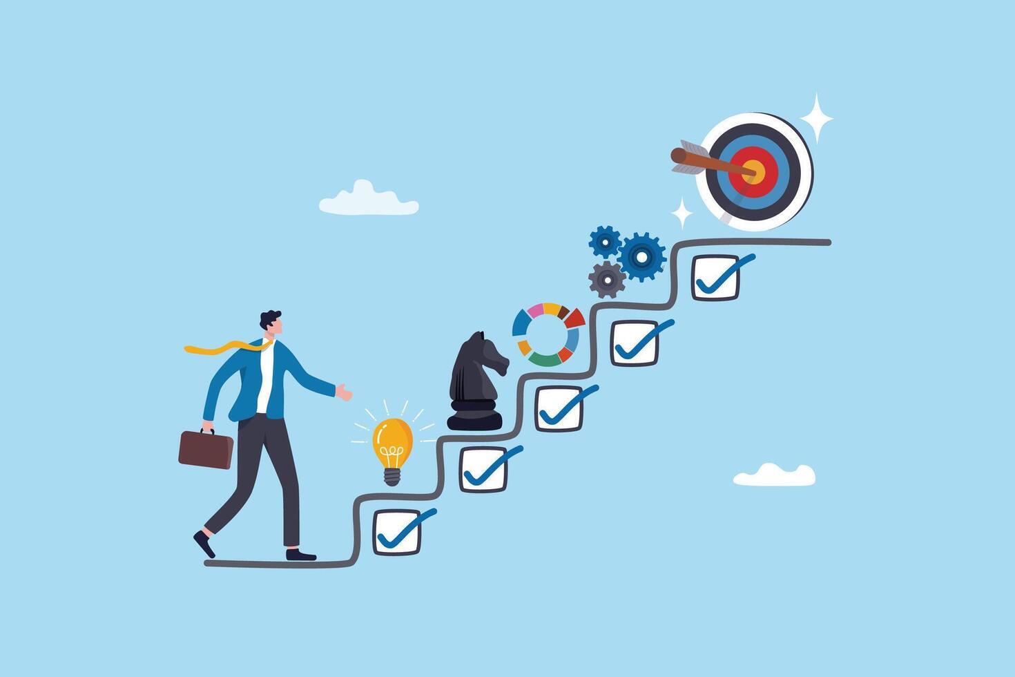 Strategy development, business improvement planning, success checklist or aspiration to growing business, career growth, checklist to success management concept, businessman walk up strategy stair. vector