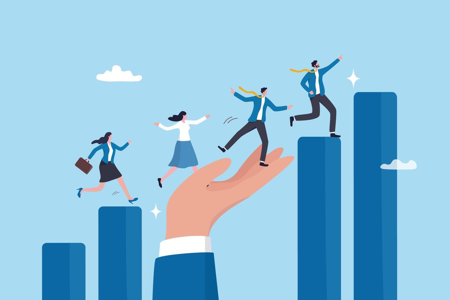 Growth assistance, support or help to success, growing business, career path or leadership helping employee achievement, manager support concept, businessman hand help people climb growth graph. vector