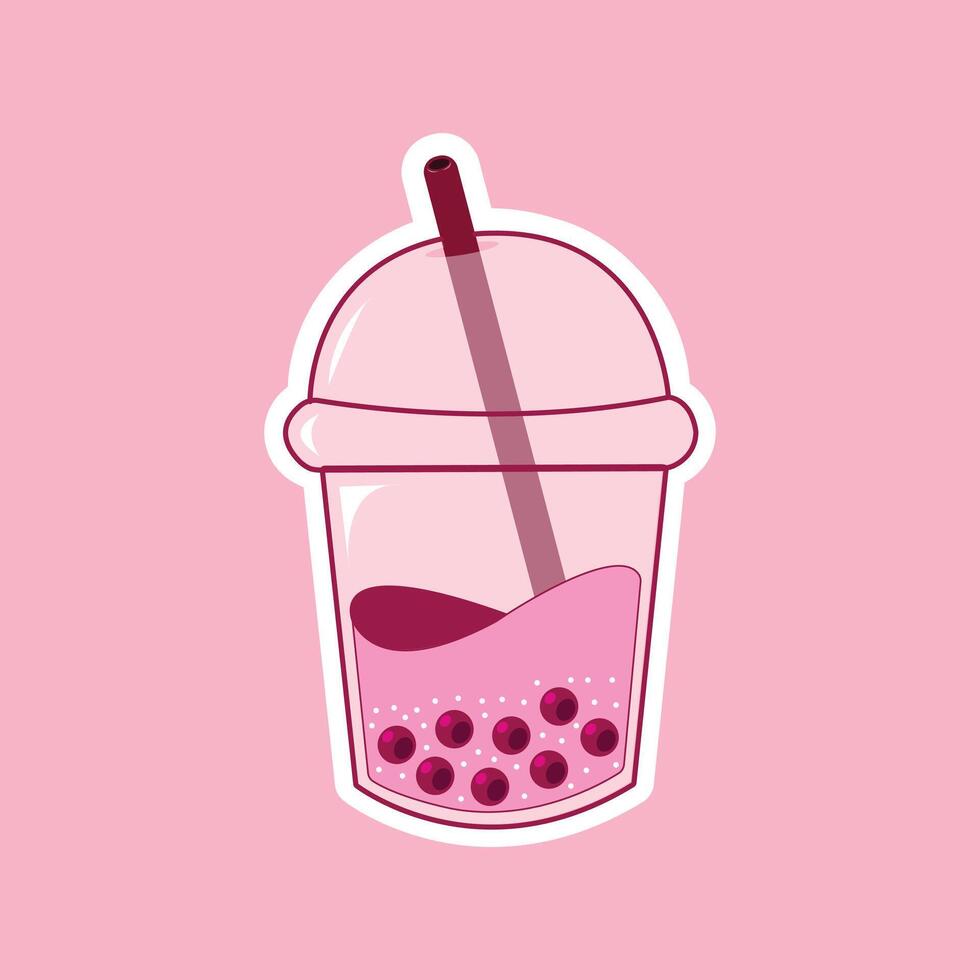 Cute Pink Boba Tea Sticker Illustration vector