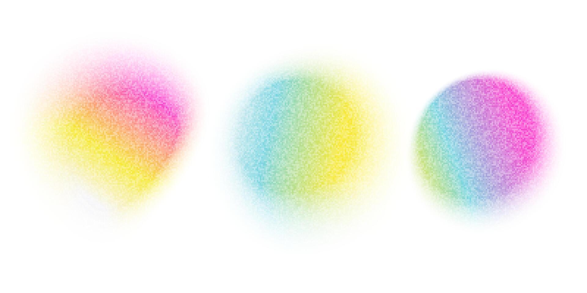 Set pastel color circles with gradient noise gradation. Abstract colorful watercolor blur mesh on isolated white background. Circle shape. Gradient aura, grain neon blob noise effect eps10. vector
