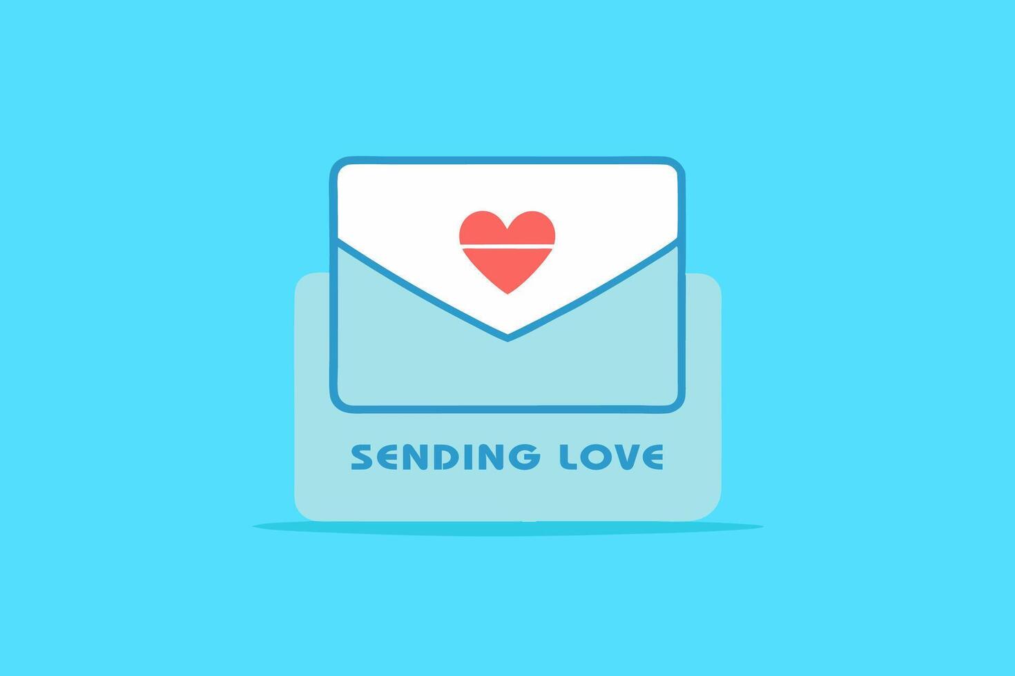 Sending Love text with envelope and heart illustration on blue background. Flat design for greeting or love message vector