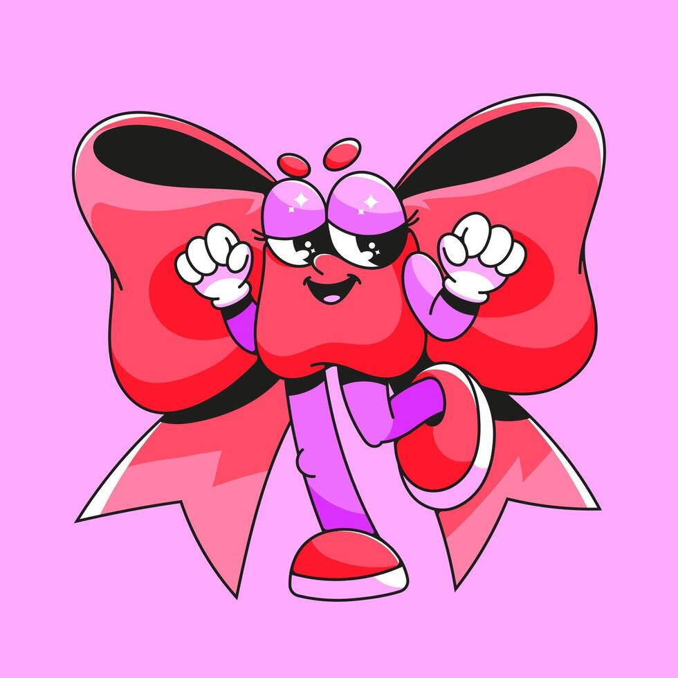 Groovy Bow. Cute retro character in rubber hose style. Funny holiday illustration, print on t-shirt. Coquette core vector