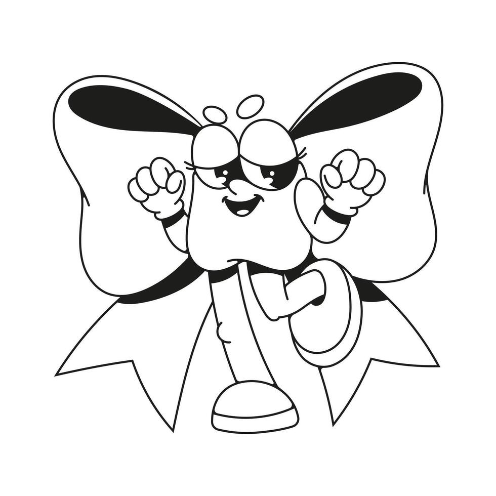 Groovy Bow. Cute retro character in rubber hose style. Funny holiday illustration, print on t-shirt. Coquette core. For printable children's and adults coloring page or book, kids toddler activity. vector