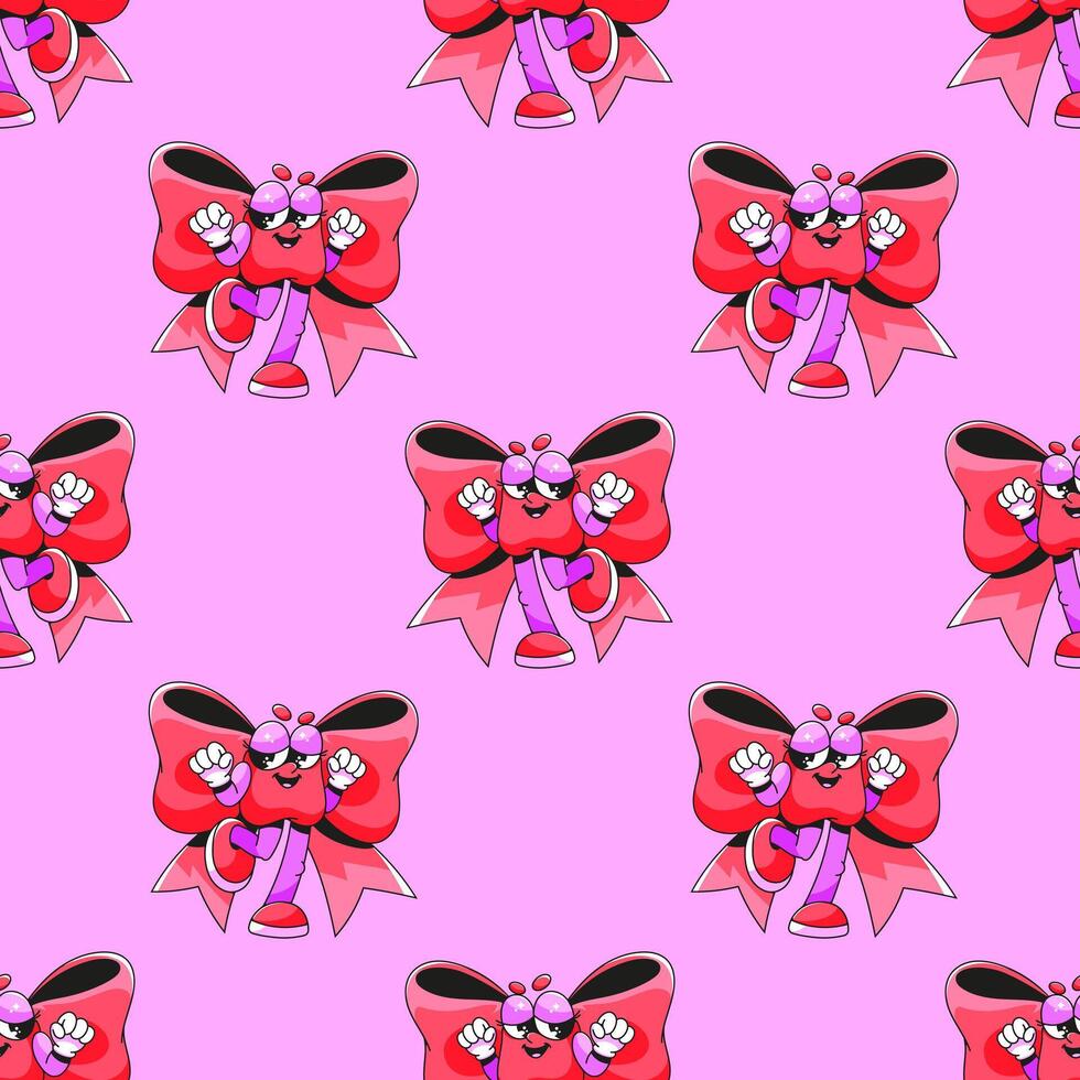 Seamless pattern. Groovy Bow. Cute retro character in rubber hose style. Coquette core. Flat background design. Repeating print for fabric, wrapping paper, textile vector