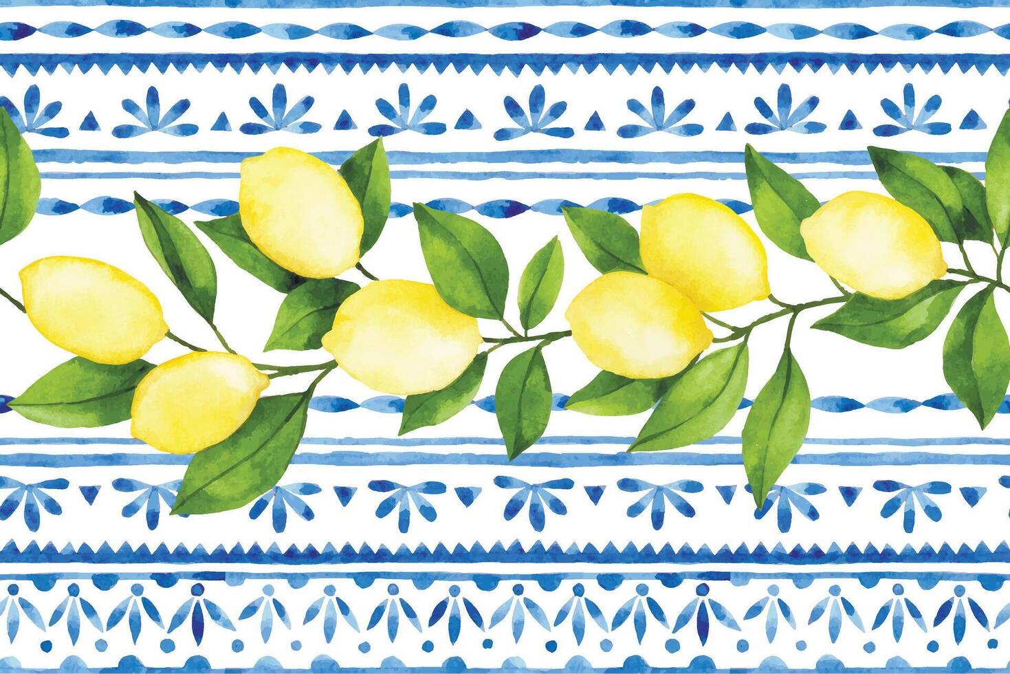 Watercolor seamless frame with blue damask patterns and ripe lemons. vector