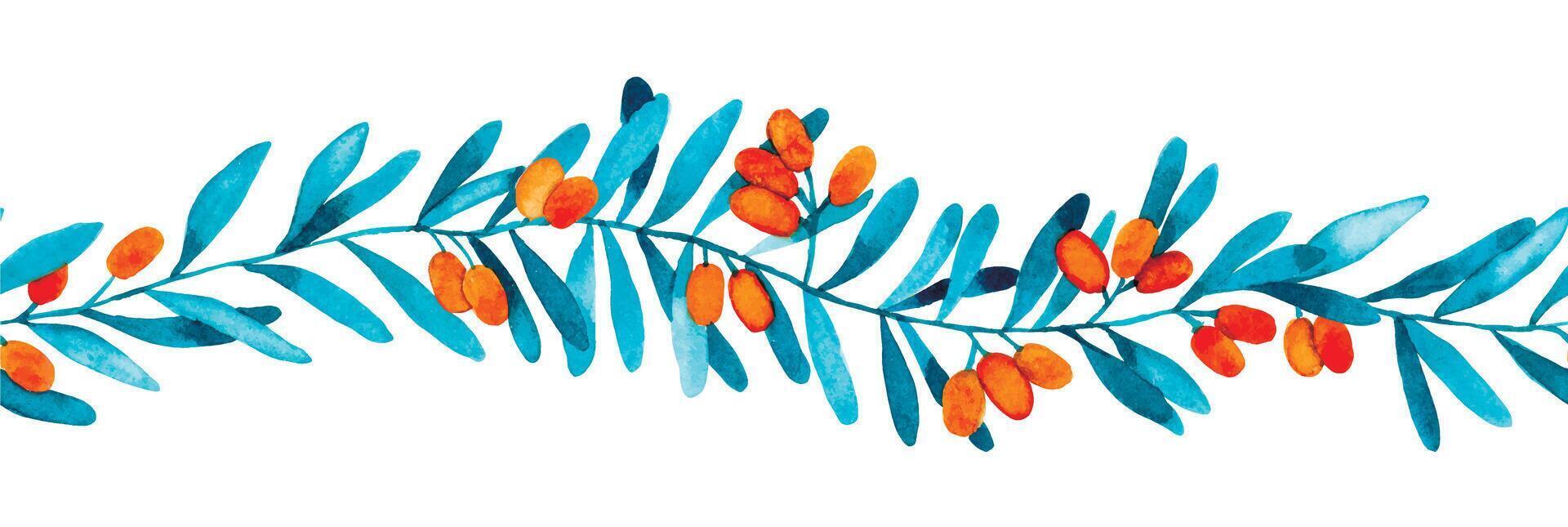 watercolor seamless border with sea buckthorn berries. illustration in simple style, wild berry leaves and berries vector