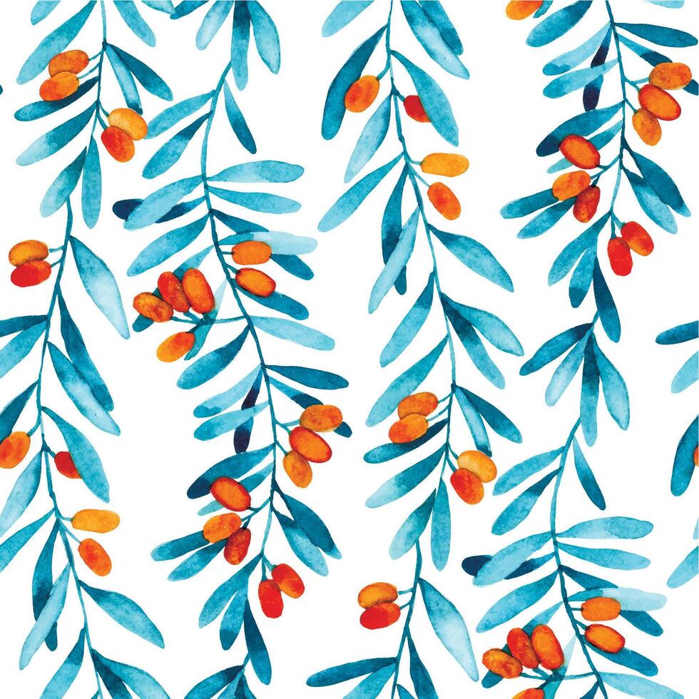 watercolor seamless pattern with sea buckthorn berries. illustration in simple style, wild berry leaves and berries vector