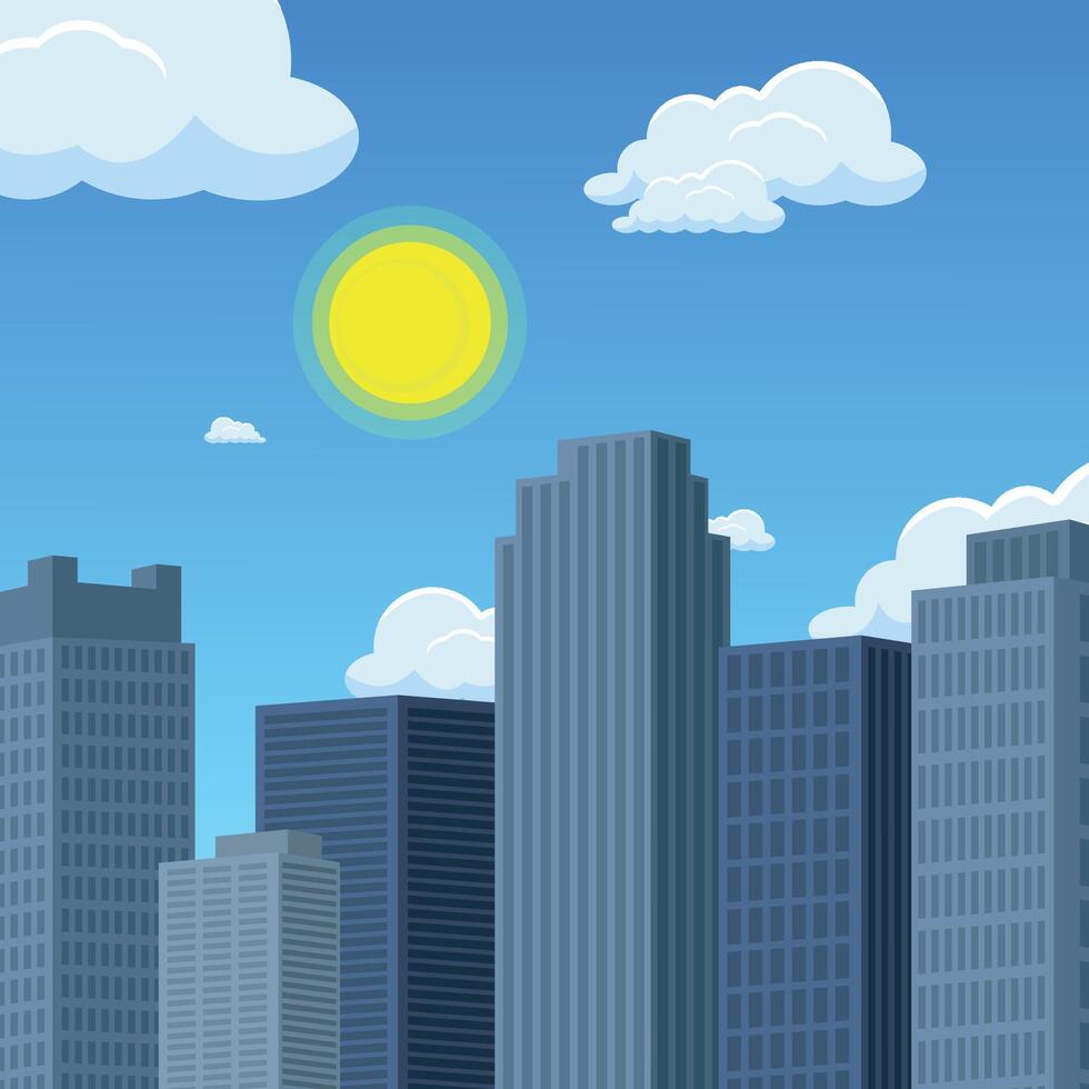 Skyscrapers with sun and clouds. vector