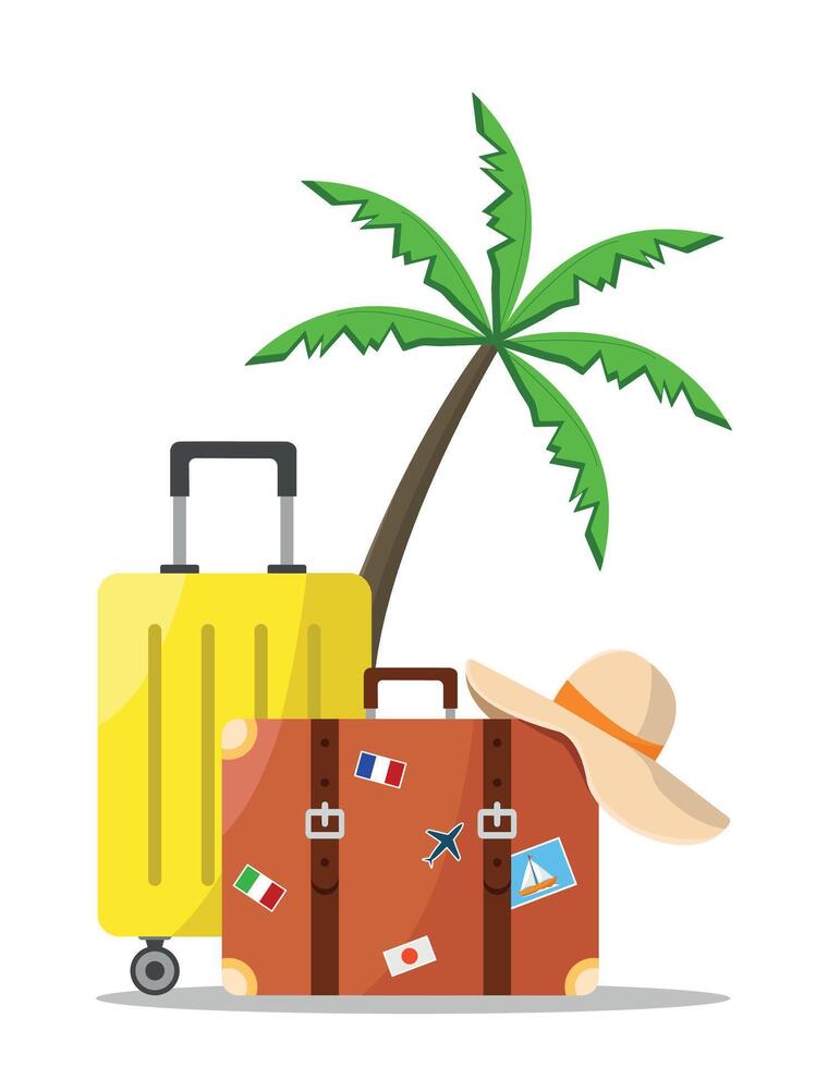 Set of travel suitcases for travel and vacation. vector