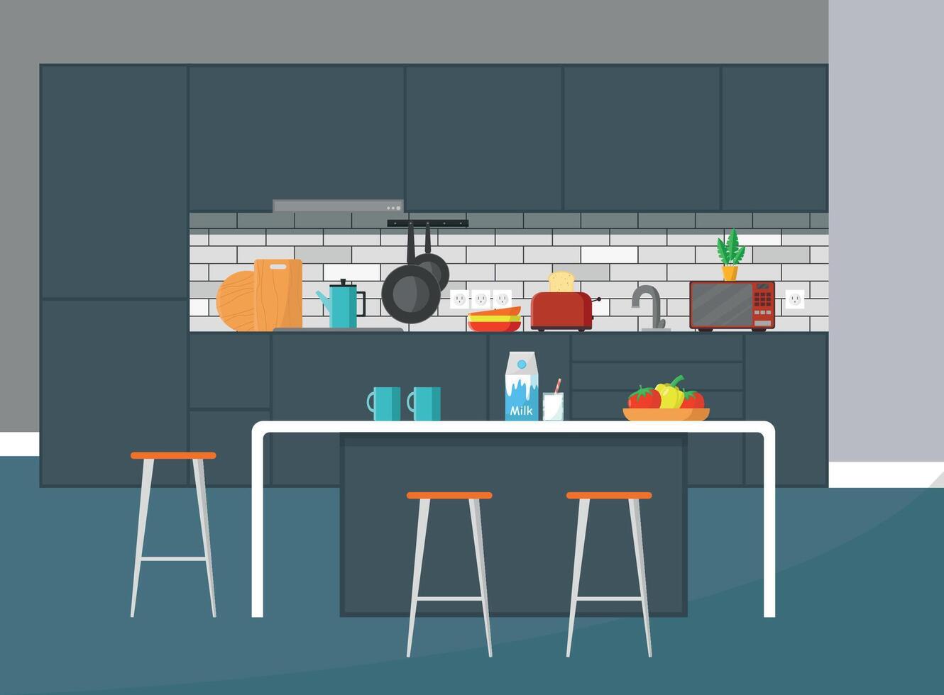 Kitchen interior with furniture and bar stools. vector