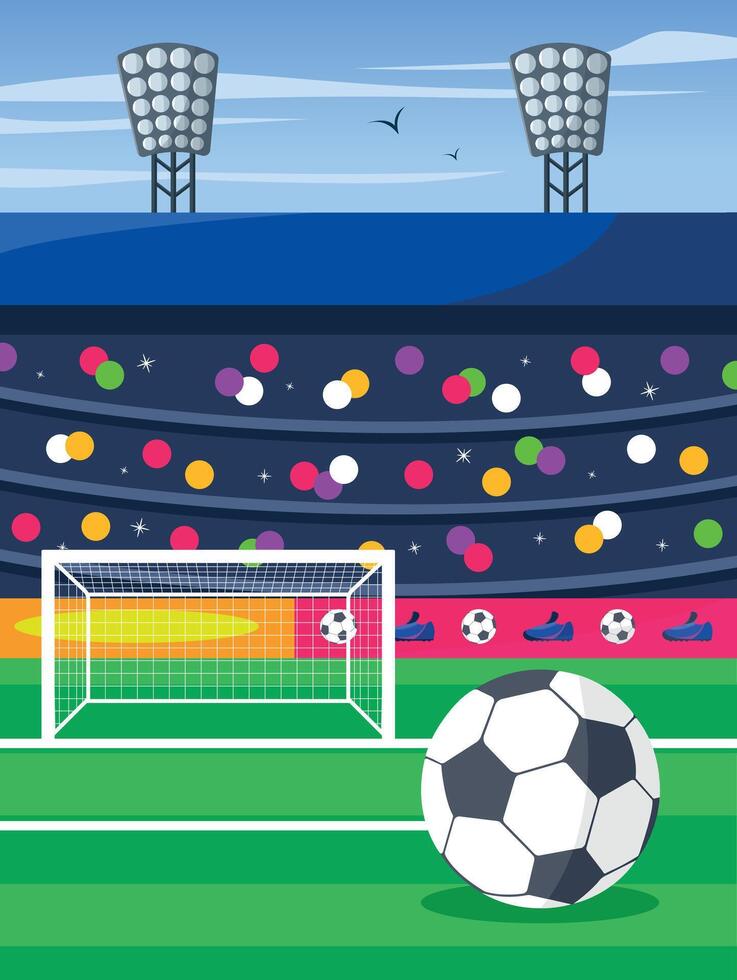 Open-air football stadium. Fans in the stands. Football goal and ball. vector