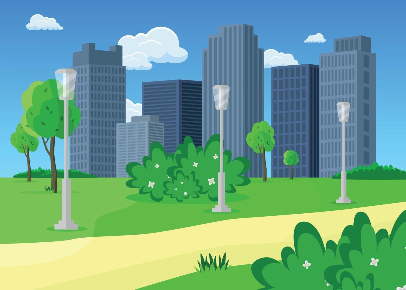 City park with modern street lighting and a pedestrian path. vector