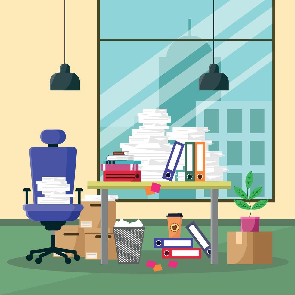 Office workplace with chair and office supplies. vector