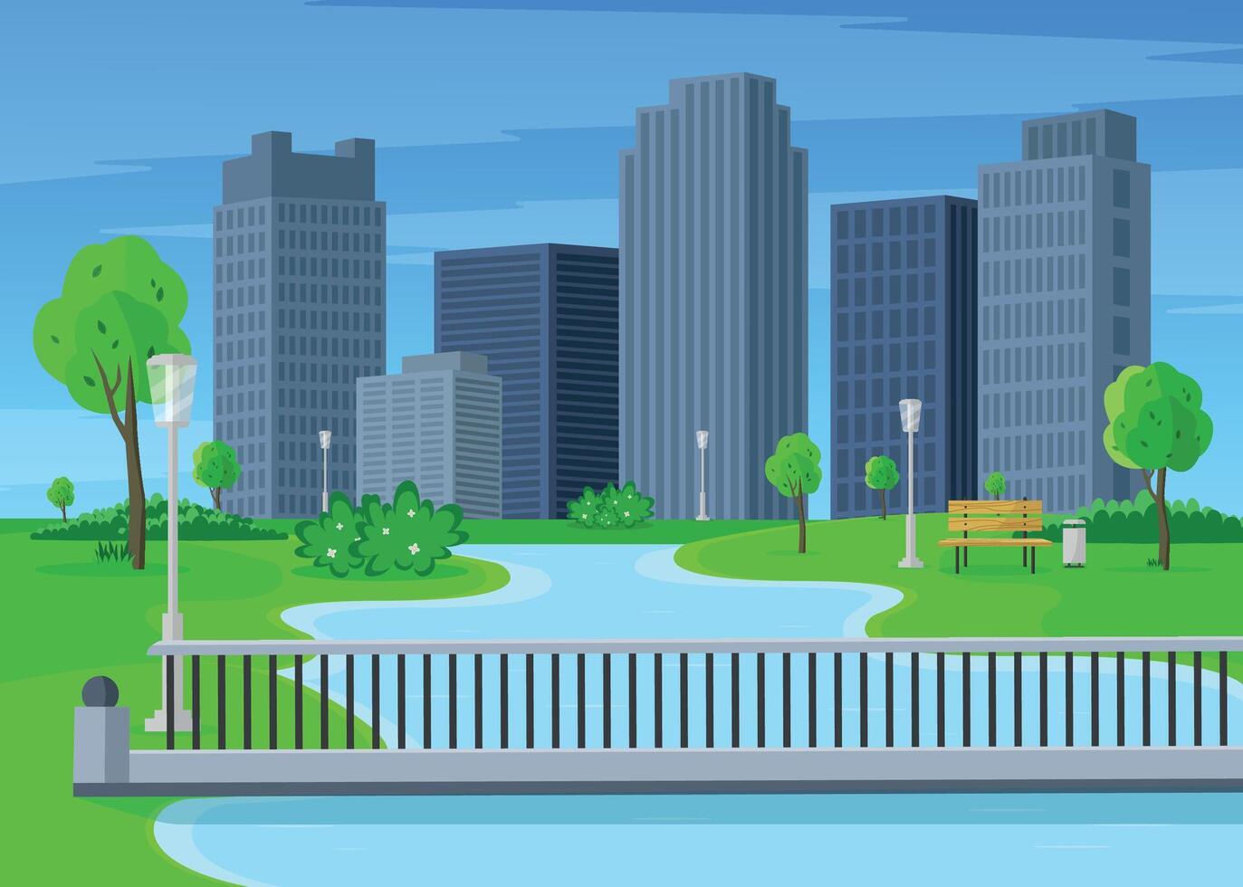 City park with skyscrapers, river and pedestrian bridge. vector