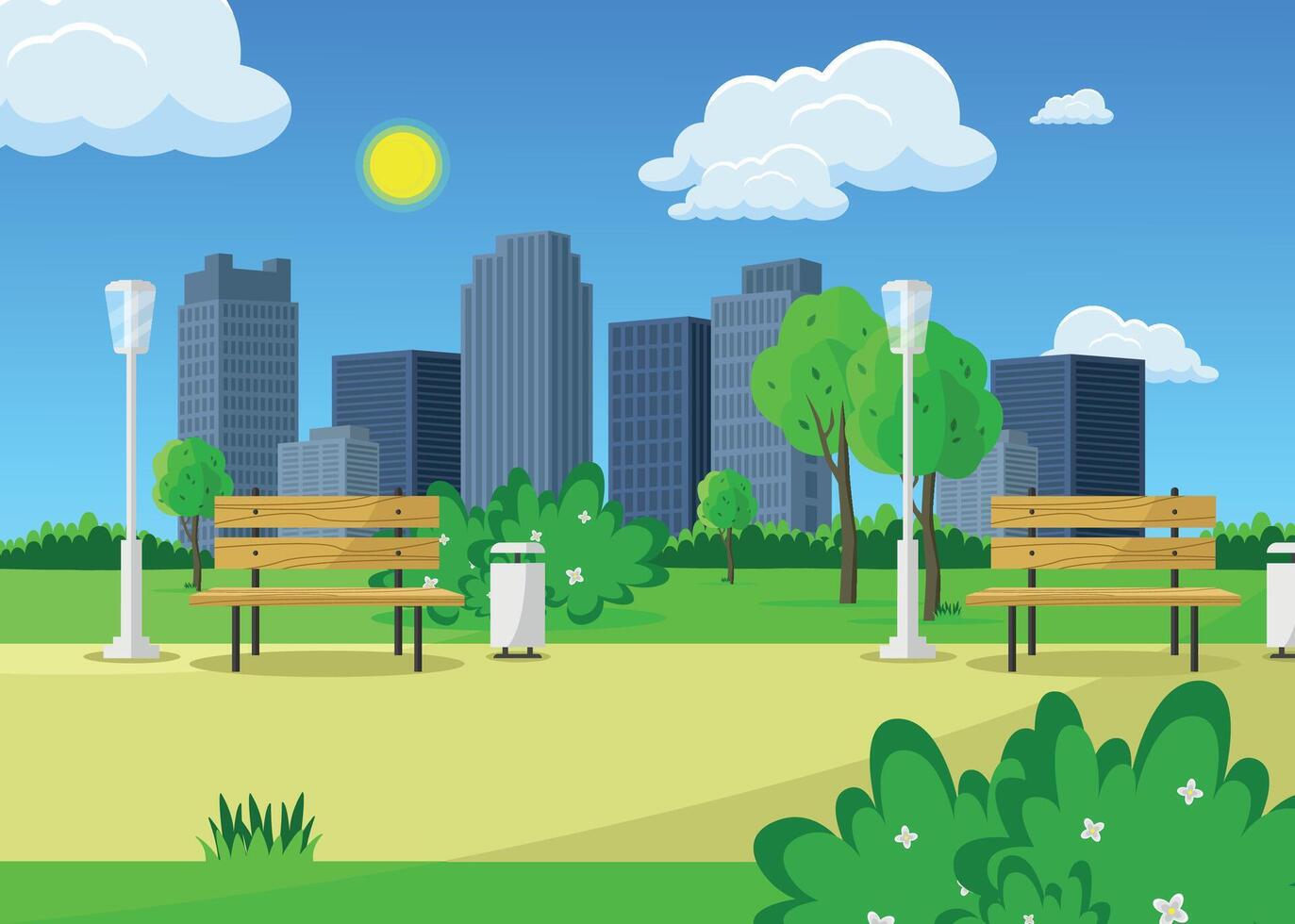 City park for recreation with benches, trees, lanterns. vector